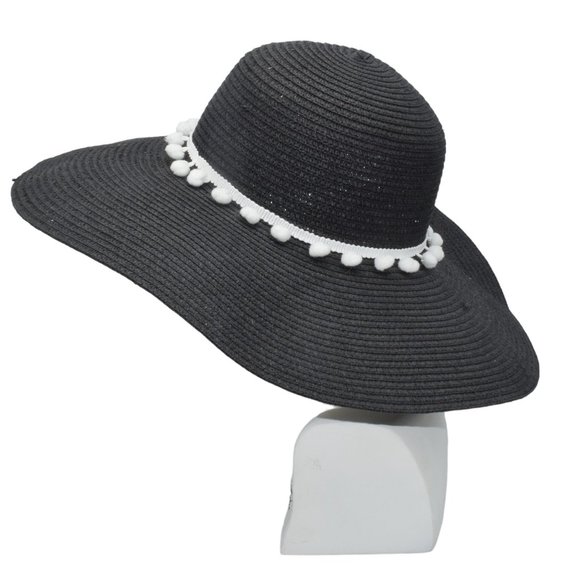 Black Wide Brim Straw Sun Hat Pom Embellished - Picture 3 of 8